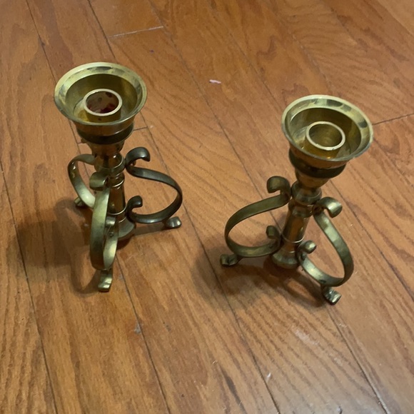 Two Vintage Gold Metal Brass Candle Stick Holders